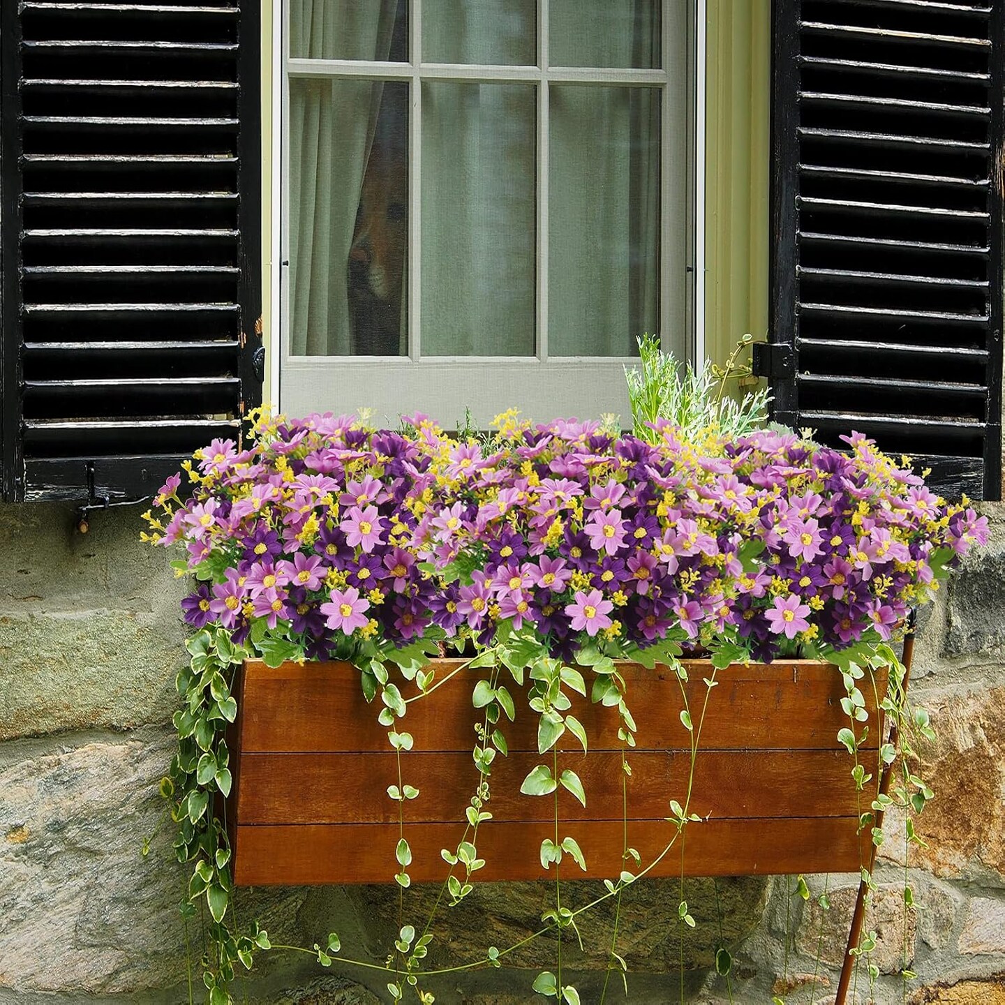 12-Bundle Artificial Outdoor Flowers – UV-Resistant Faux Daisy Mums and Shrubs for Indoor/Outdoor Planters, Home, Wedding, DIY Garden, Porch, and Decor (Purple)