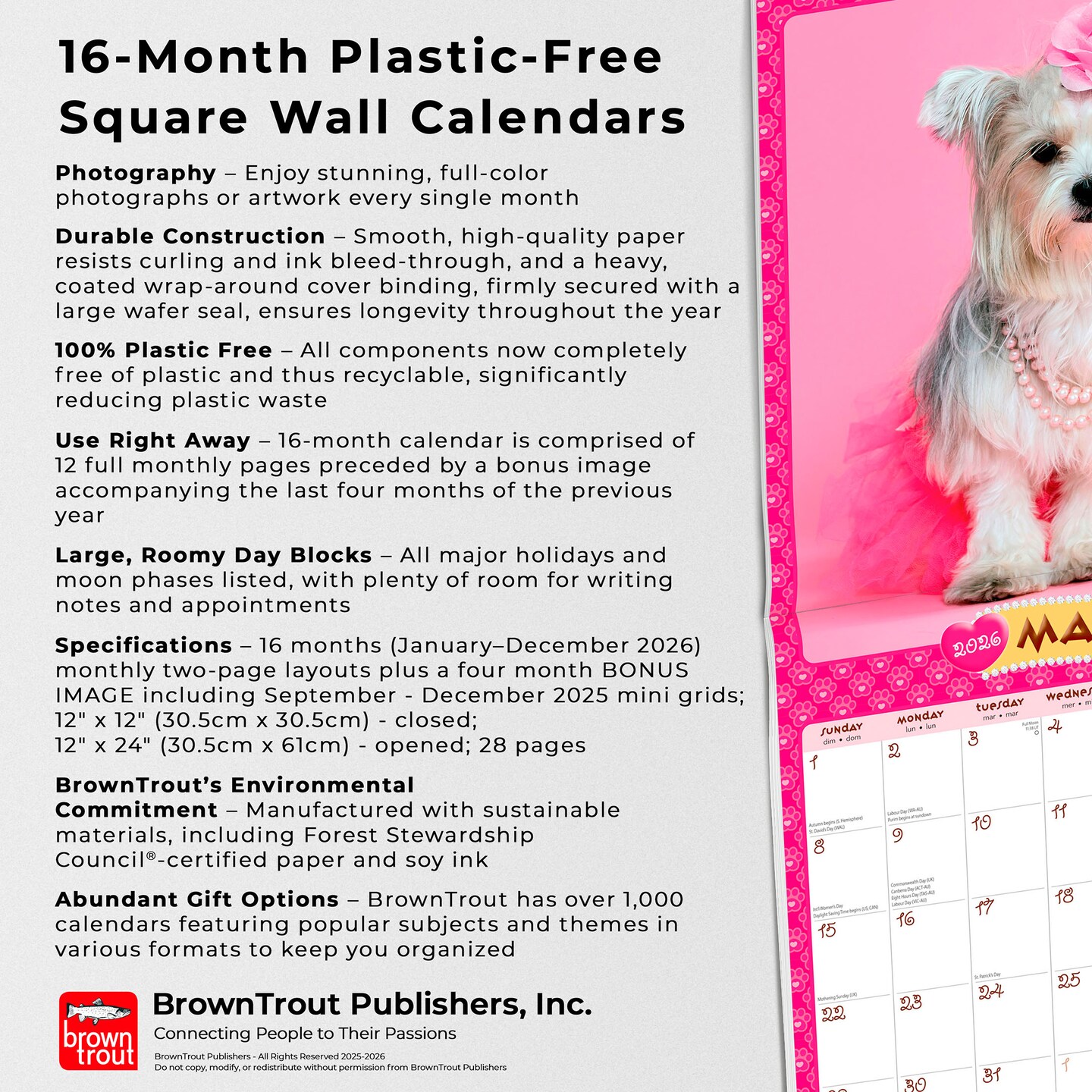 Puppies in Pink | 2026 12 x 24 Inch (Hanging) Monthly Square Wall Calendar | Plastic-Free | BrownTrout | Animals Fun Humor Pets