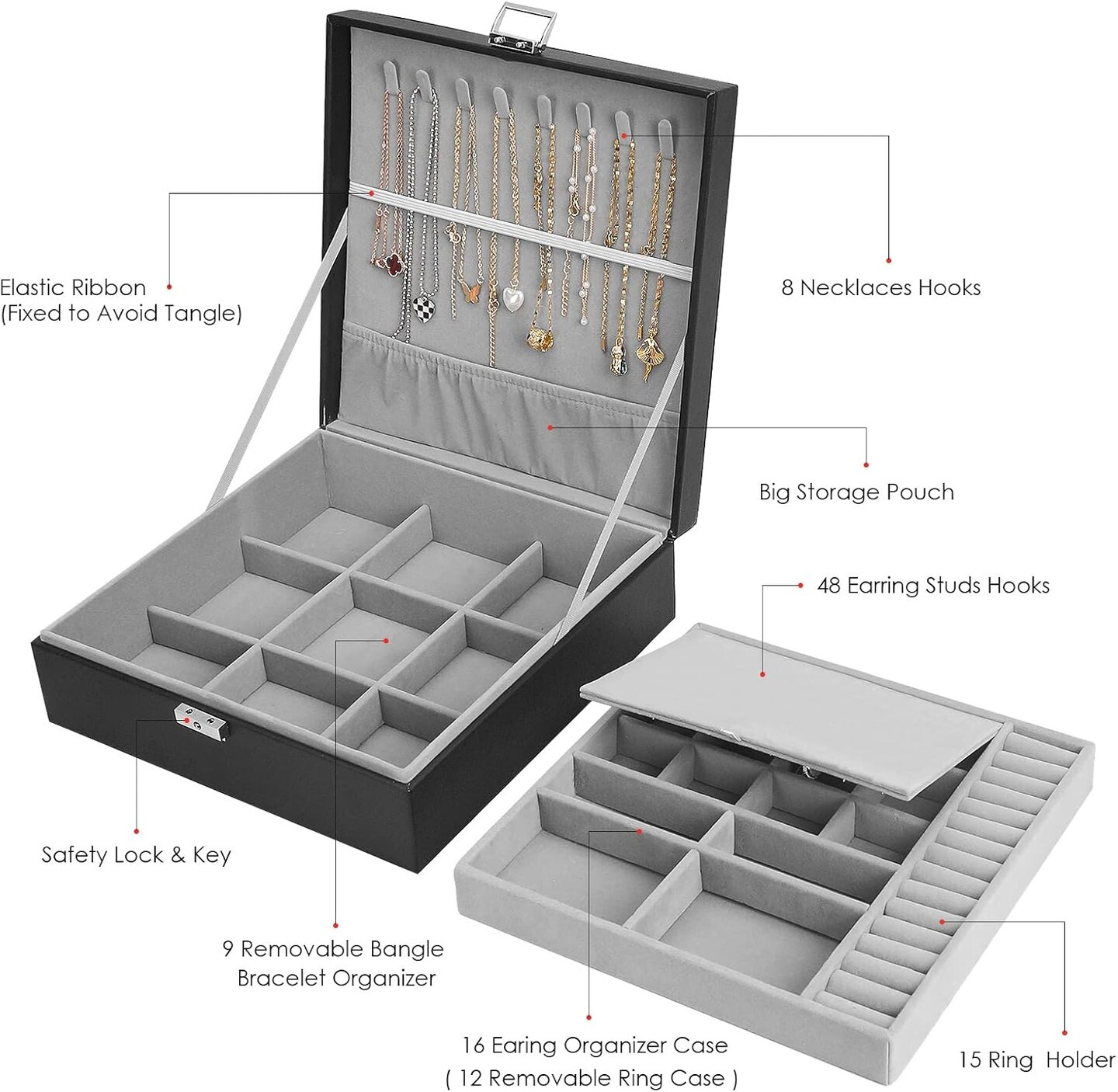 Jewelry Box, Jewelry Boxes for Women &#x26; Men with PU Leather, 2 Layer Large Jewelry Organizer Storage Case with Lock, for Necklace Bracelets Earrings Rings, Jewelry Organizer Box Ideal Gift, Black