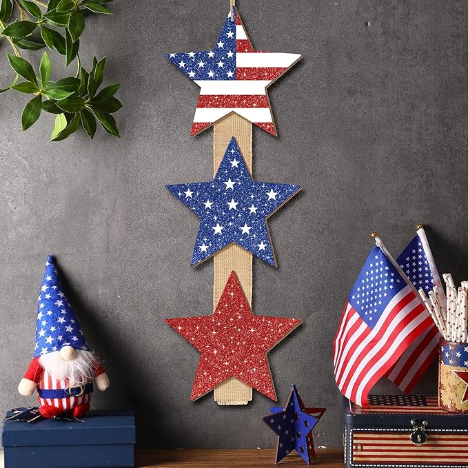 4th of July Stars Door Sign Decorations, Patriotic Star Glitter Wooden Signs Red White Blue Independence Day Wreath with Burlap, Memorial Day Door Hanger for Porch Wall Home Decor 3 Plaques