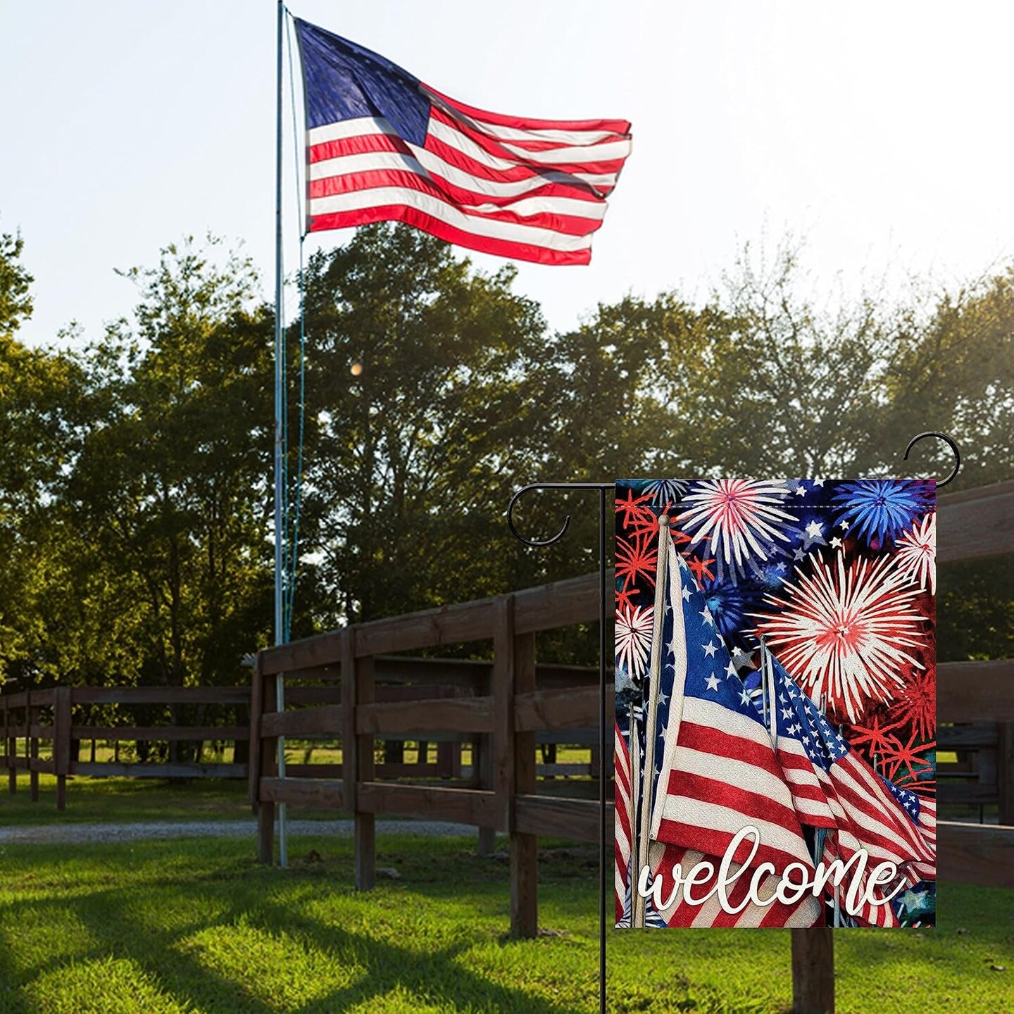 Welcome July 4th Fireworks American Patriotic Garden Flag, America Memorial Day Yard Decorative Red White Blue Star Stripes Home Outside Decoration, USA Outdoor Small Decor Double Sided 12x18