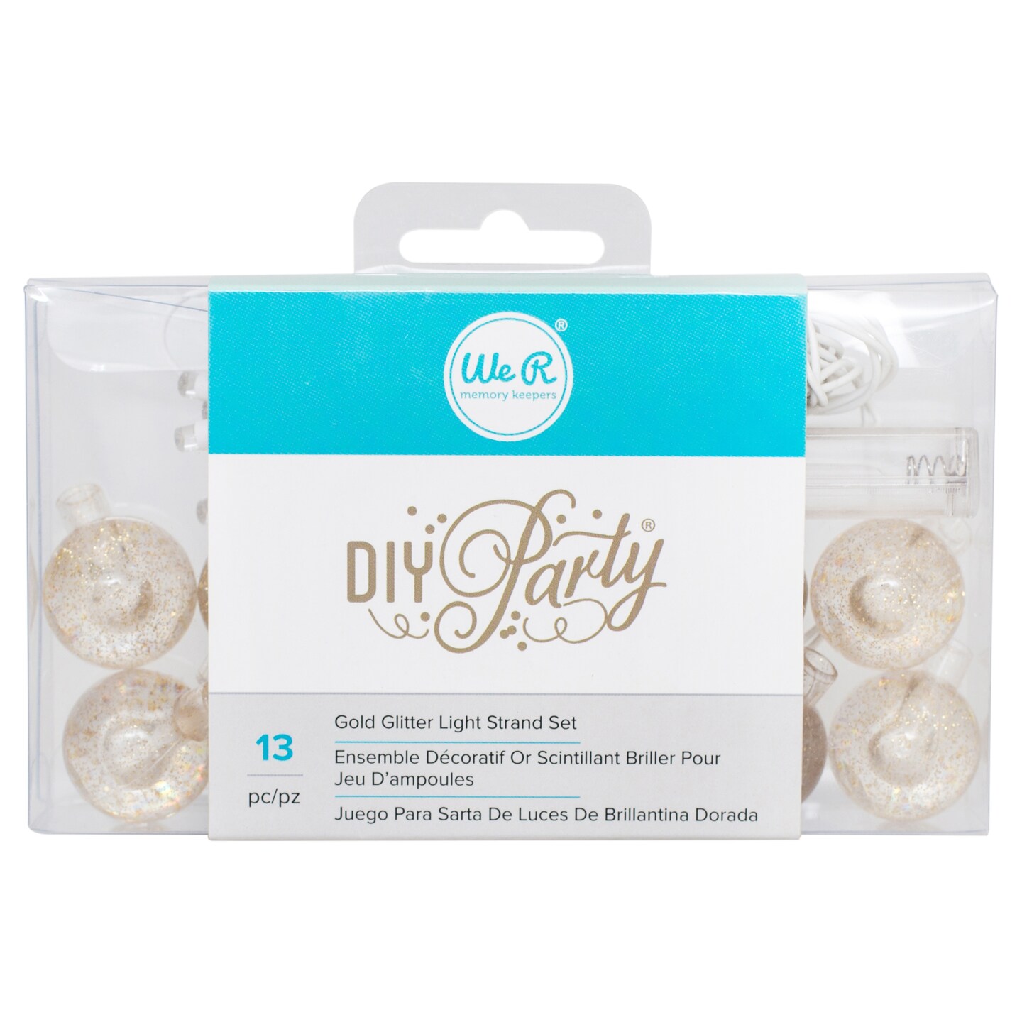 We R DIY Party Light Strand W/12 Bulbs-Gold Glitter Globes, White Wire