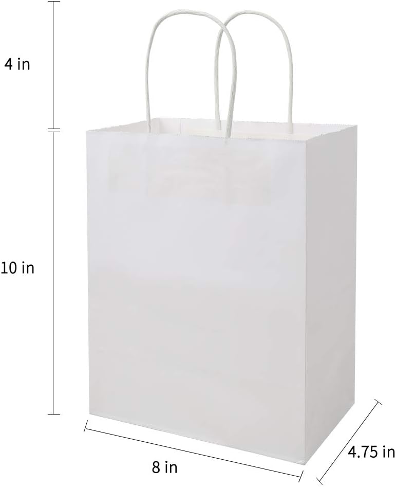100 Pack Sturdy Medium White Kraft Paper Bags with Handles Bulk, Thicken Gift Bags 8x4.75x10 Inch, Craft Grocery Shopping Retail Party Favors Wedding Business Sacks (White, 100pcs)