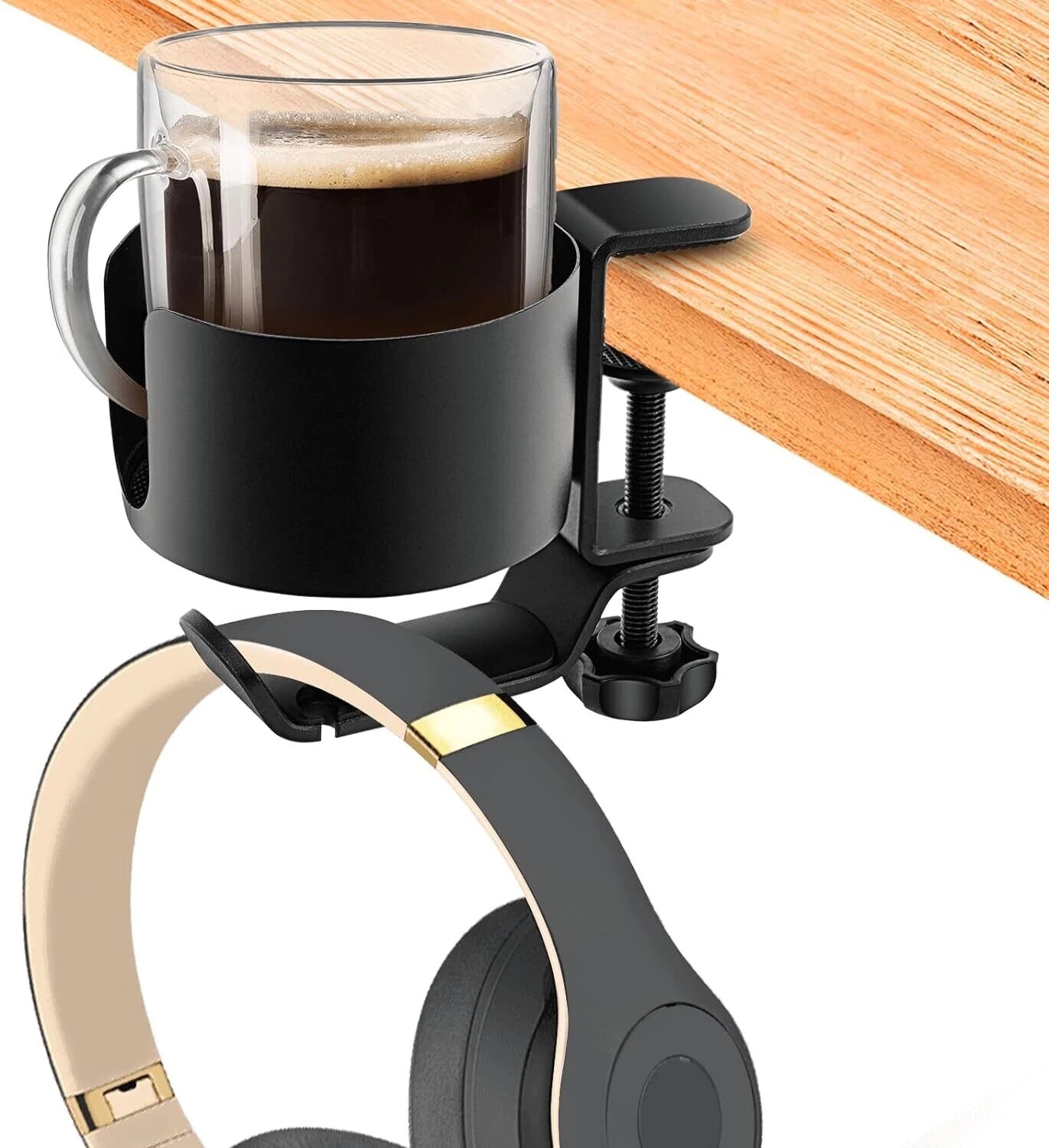 2-In-1 Desk Cup Holder Anti-spill Cup Holder 360&#xB0; Rotating Headphone Hanger Desk