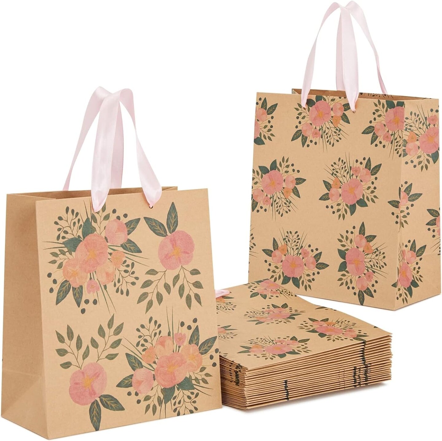 24 Pack Kraft Paper Floral Gift Bags with Pink Ribbon Handles - 2 Designs, For Themed Party Favors, Mother's Day, Weddings, Birthdays - 8x4x9 Inches Gift Bags With Handles