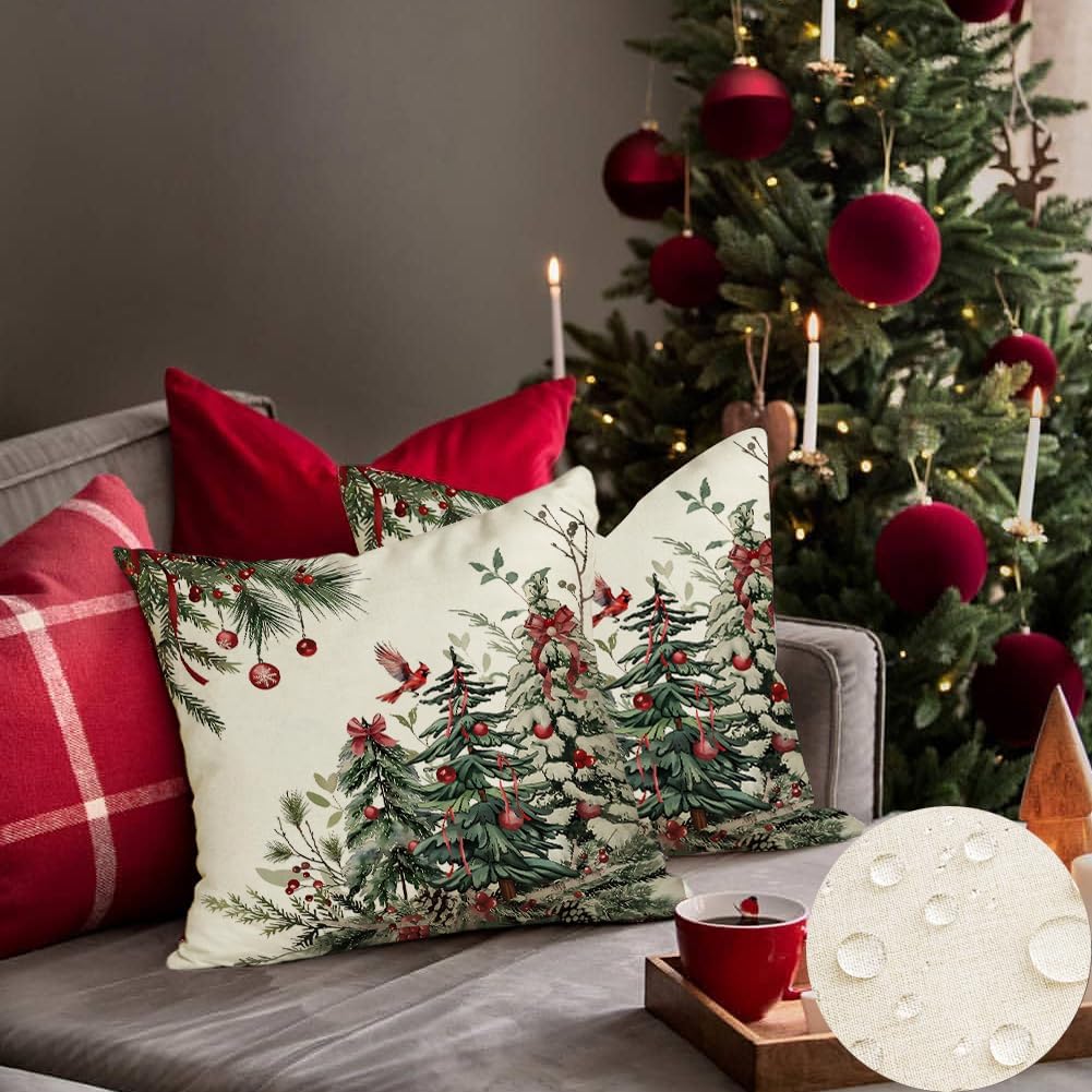 Christmas Pillow Covers 18x18 Inch,Outdoor Christmas Tree Decorative Throw Pillows Waterproof Set of 2,Winter Pillow Cases,Christmas Decorations for Couch Home Holiday Xmas Green Pine(7-18)