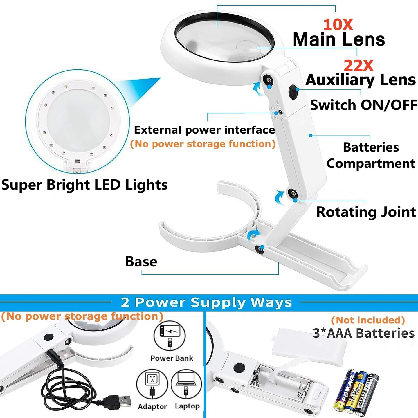30X 10X Magnifying Glass with Light and Stand, Foldable Handheld Magnifying Glass &#x26; 2 Level Dimmable for Macular Degeneration, Seniors Reading, Close Work, Coins, Jewelry, Powered by Battery or USB
