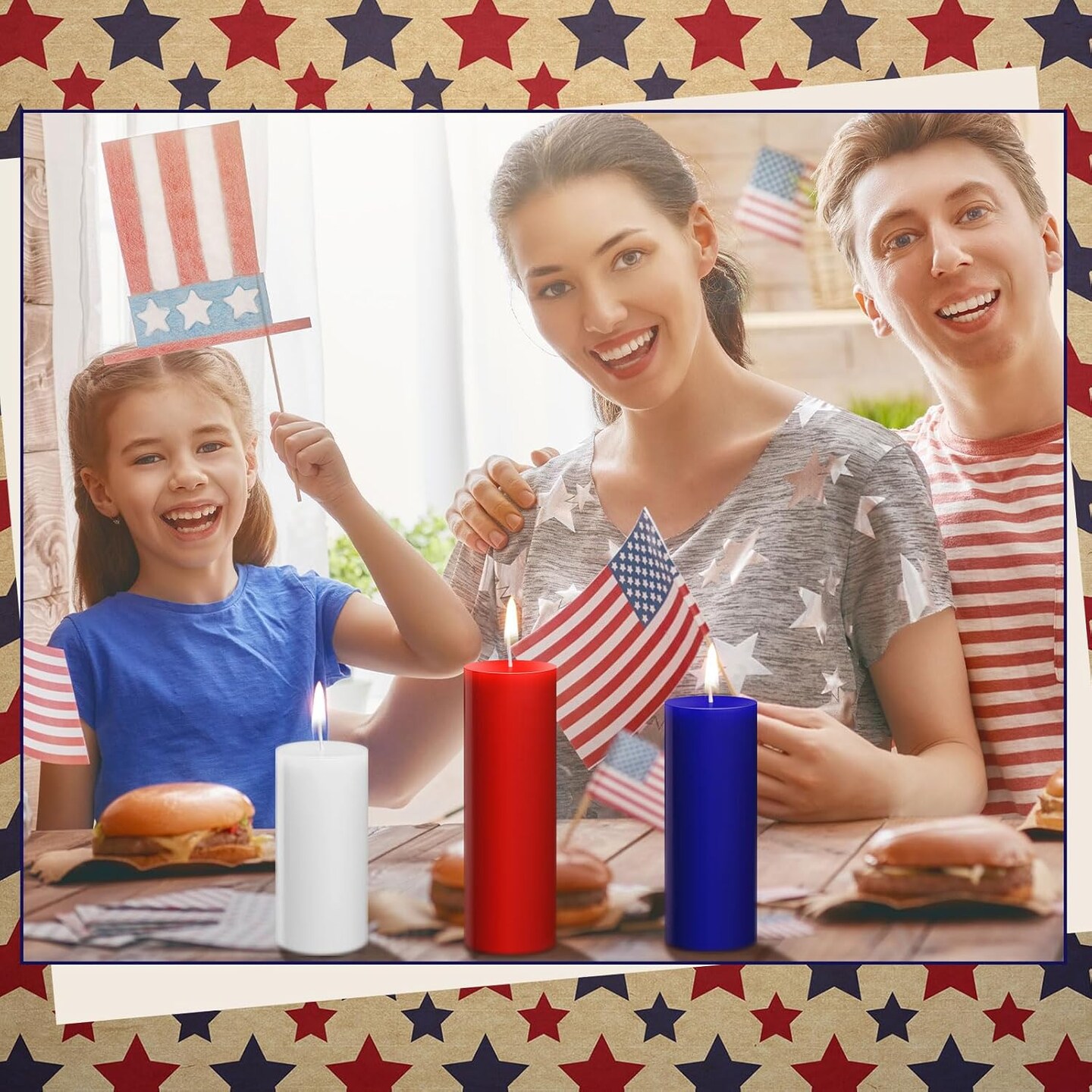 3 Pcs Red White and Blue Wax Candle 4th of July Unscented Dripless Pillar Patriotic Candles Smokeless Independence Day American Burning Gifts for Dinner Memorial Day Table Party Decoration