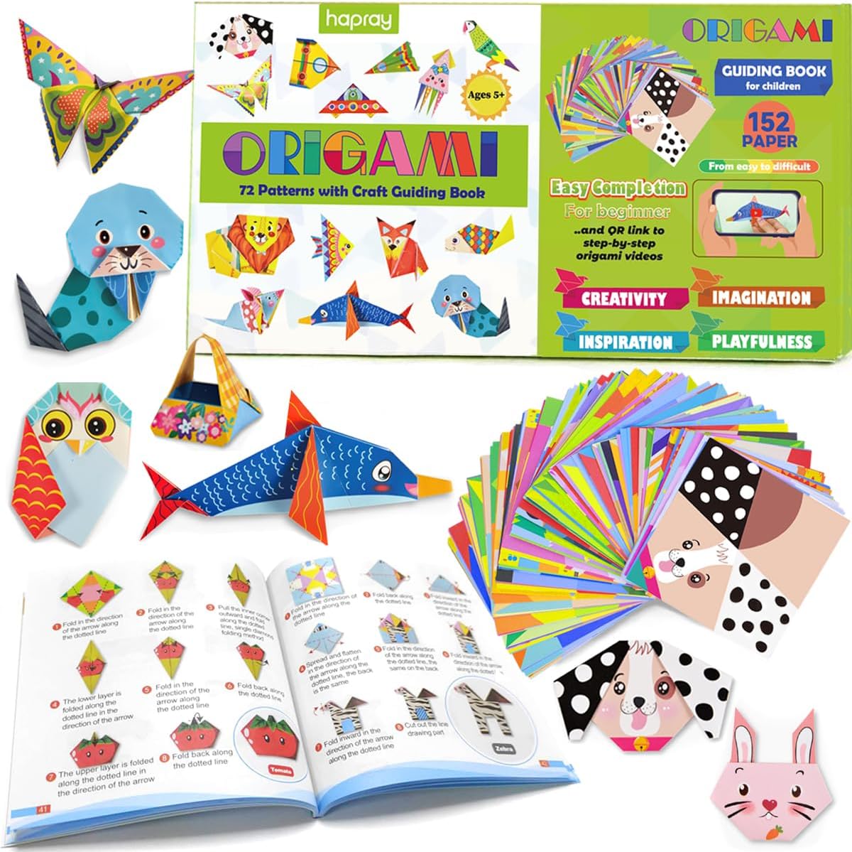 Origami Kit for Kids Ages 5-8 8-12, with Guiding Book, 152 Paper with 72 Patterns, DIY Art and Craft Projects, Beginners Children's Day Gift Boy Girl