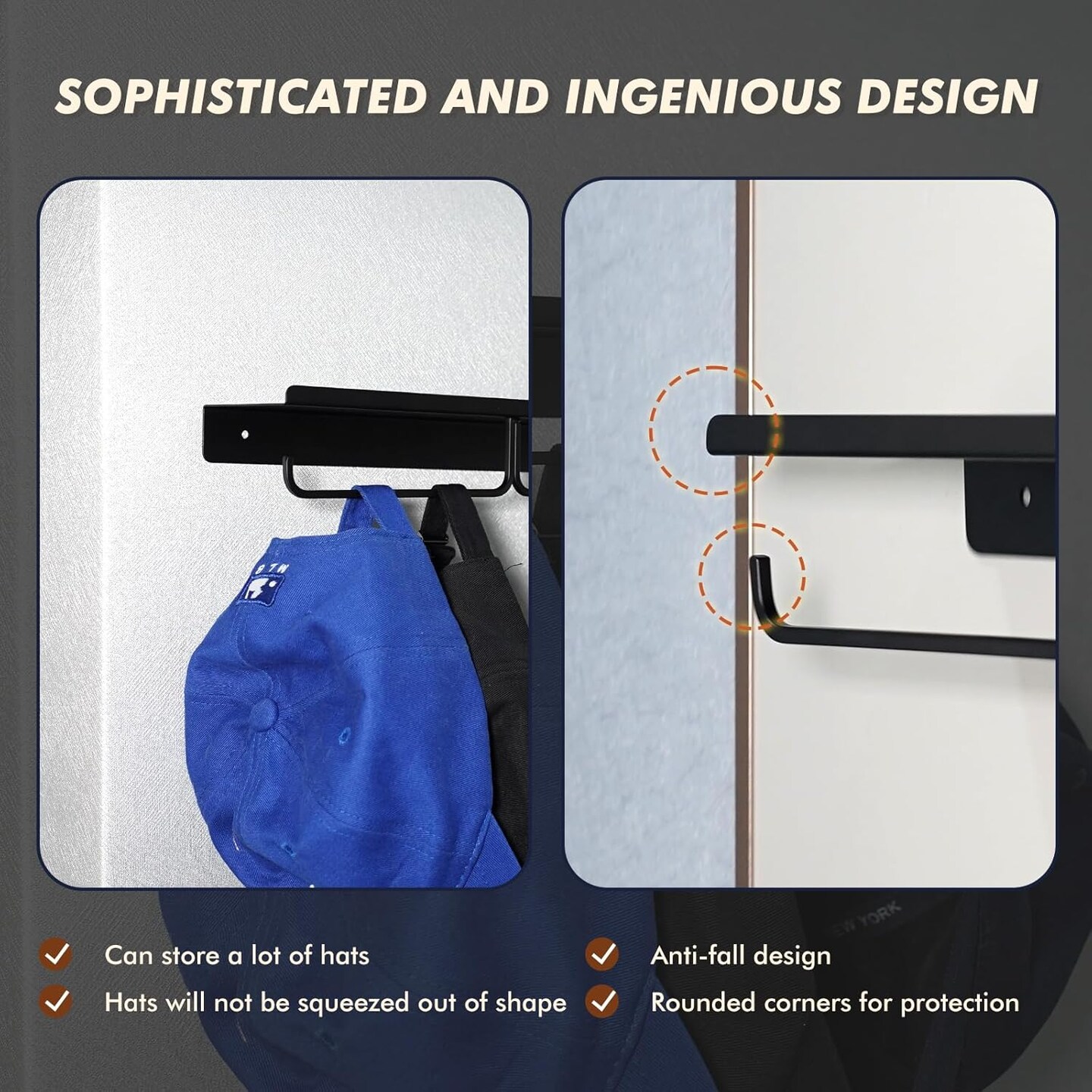Wall Mount Key Holder &#x26; Hat Rack - Metal Organizer for Baseball Caps, Keys &#x26; Hangers - Hat Hooks for Wall