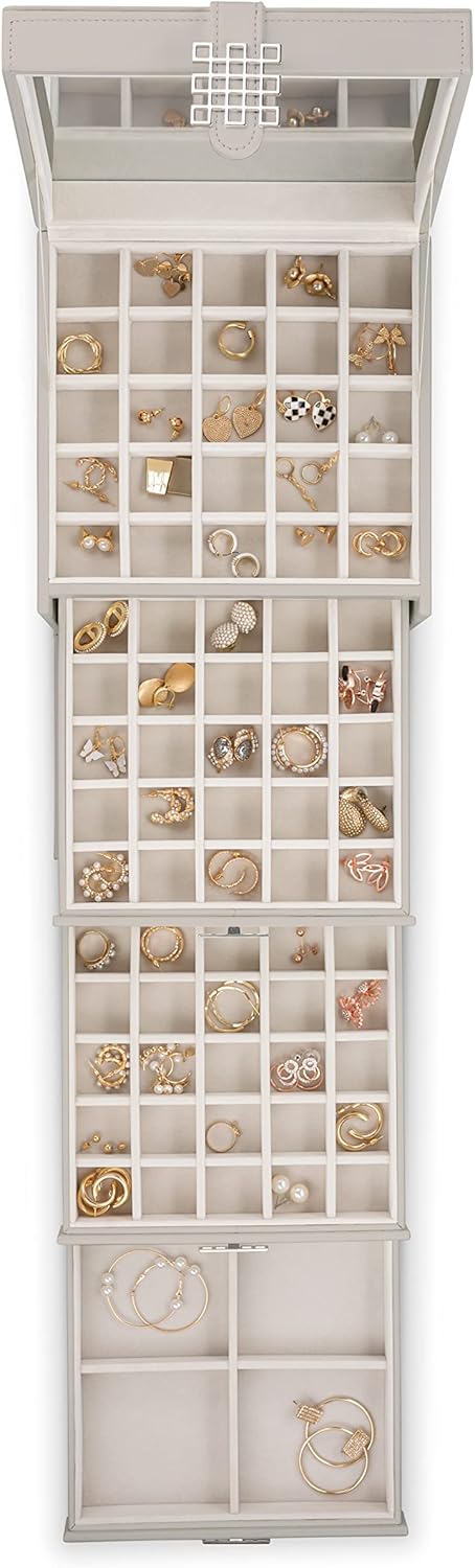 Co. 75-Slot Earring Organizer Jewelry Box – 4-Layer PU Leather Case with Mirror, Drawer & Magnetic Closure, Storage for Earrings, Rings, Chains, and Cufflinks, Elegant Grey (Grey)