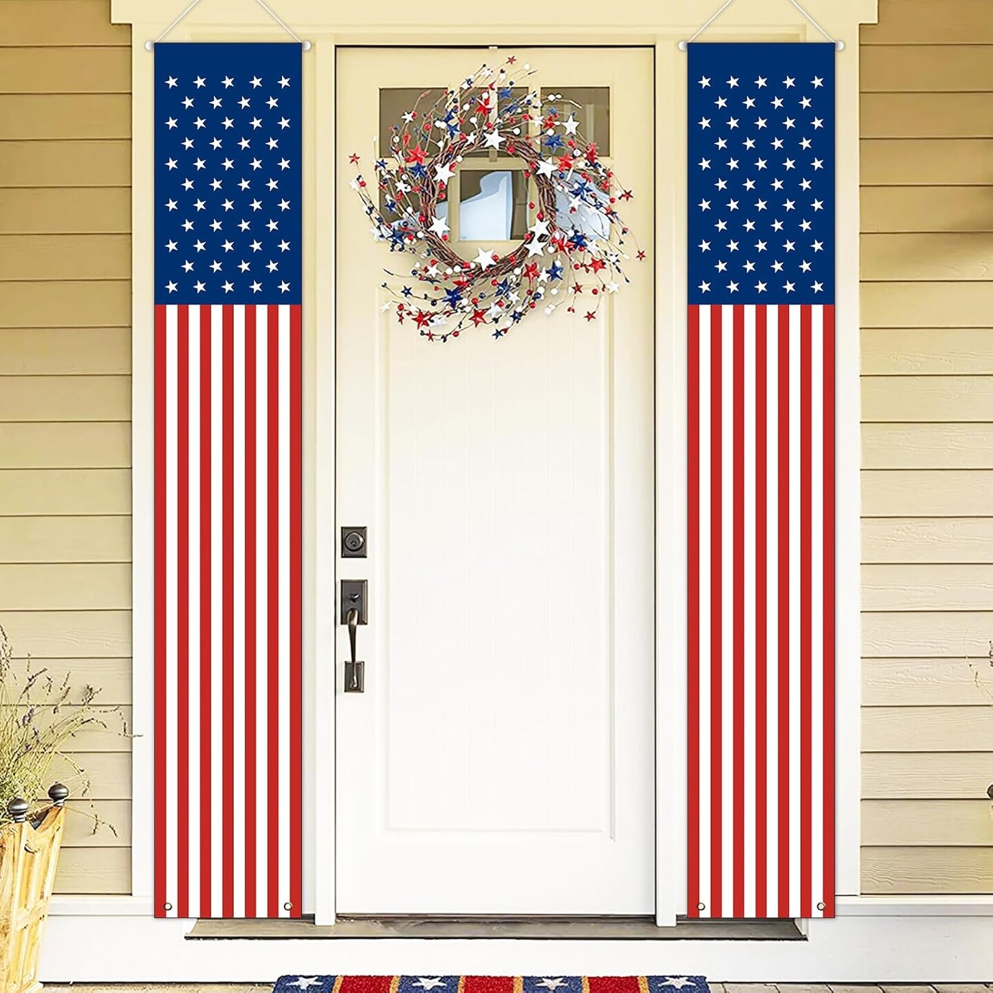Memorial Day 4th of July Decorations, 71x13 Inch Hanging American Flag Door Banner, July Fourth Front Porch Decor for Home School Office Yard Patio Garage