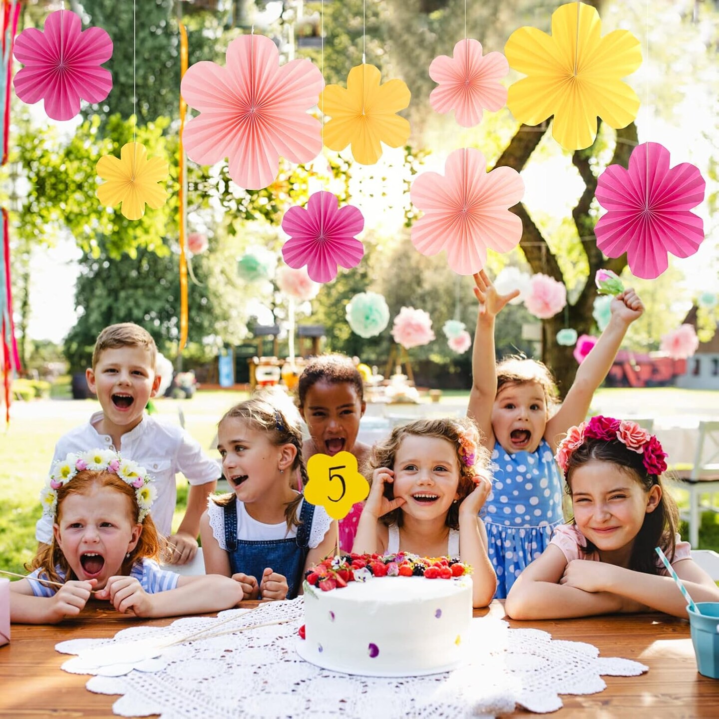 Paper Flowers Decorations for Wall Paper Fans Classroom Decoration Paper Floral Backdrop Decor Paper Fans Decoration Hanging Paper Fans Pink Flower Wall Decor, Set of 9