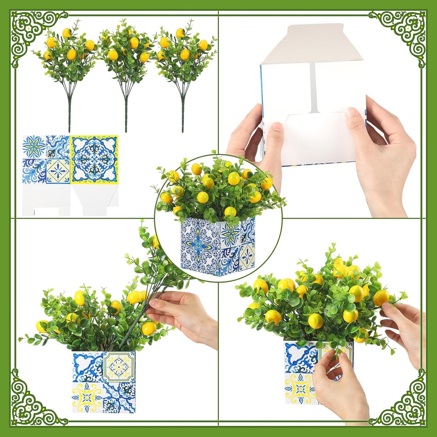 4 Sets Blue Tile Lemon Table Centerpiece Décor with Artificial Lemon Branches, Amalfi Coast-Inspired Box Decorations for Capri, Mediterranean, Positano, Weddings, Birthdays, and Parties