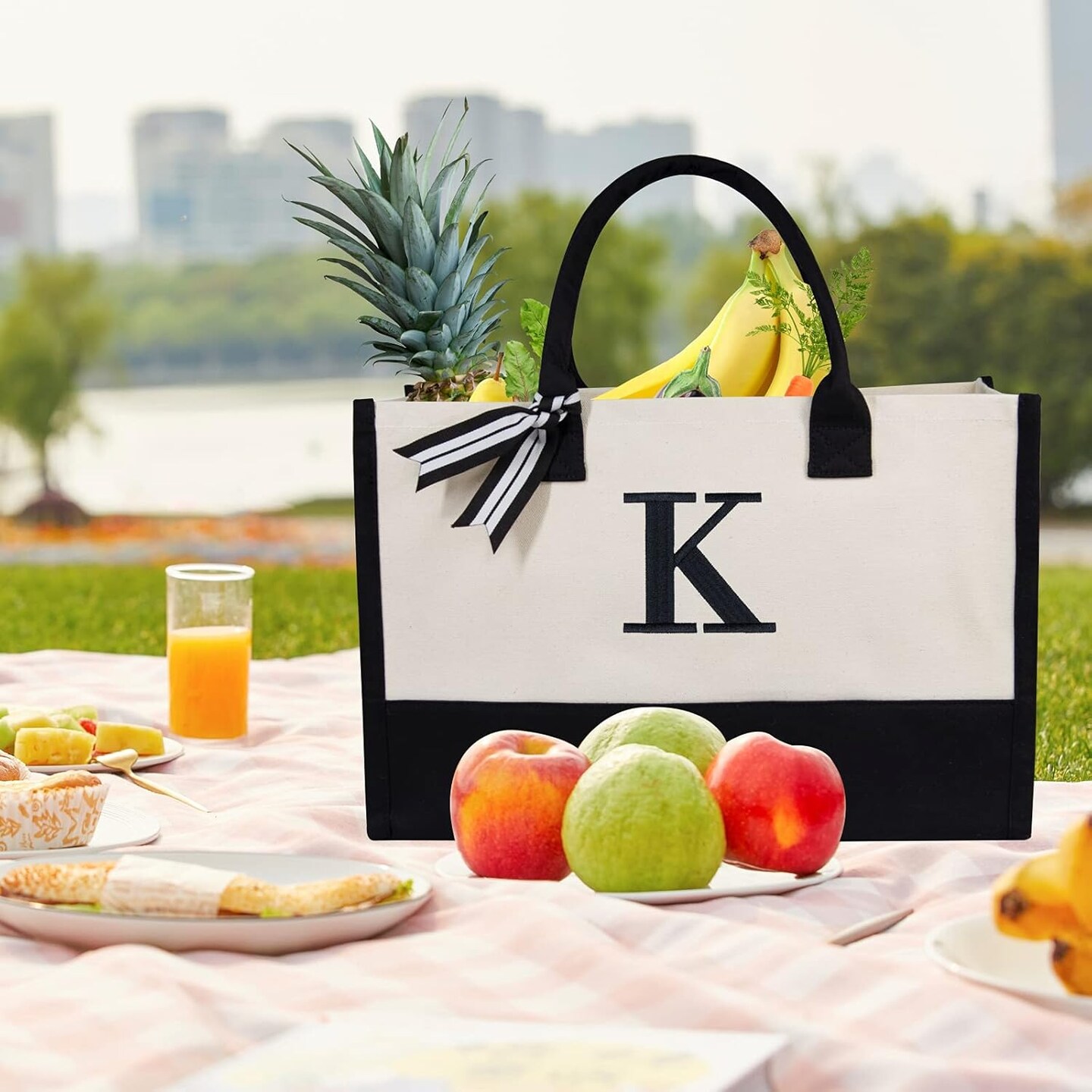 Embroidery Initial Canvas Tote Bag, Personalized Present Suitable for Wedding, Birthday, Beach, Holiday, is a Great Gift Women, Mom, Teachers, Friends, Bridesmaids
