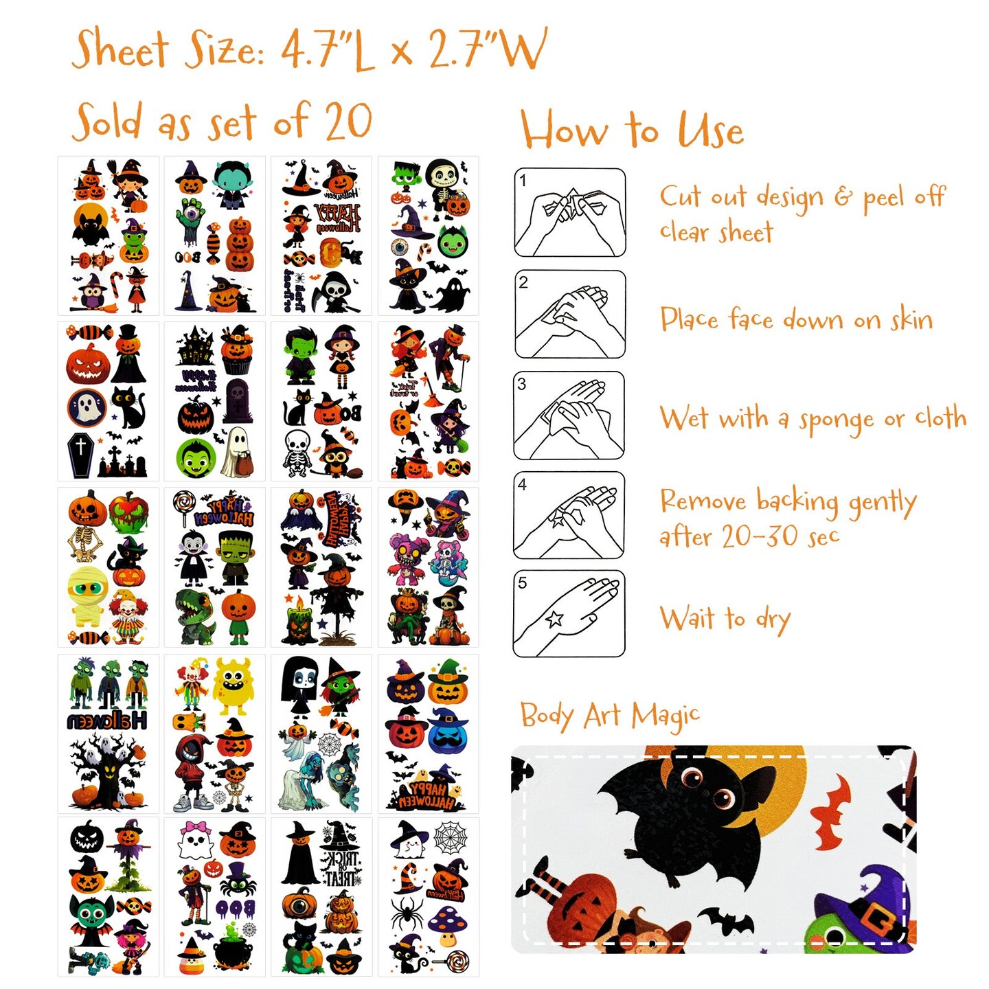 Wrapables Waterproof Temporary Tattoos, Birthday Party Favors and Supplies, Goodie Bag Fillers, 20 Sheets Halloween