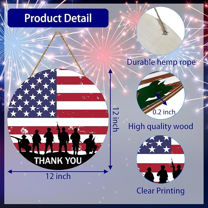 Memorial Day Decorations American Soldiers Thank You Hanging Sign Memorial Day Wreath Patriotic Wreath Wooden 4th of July Decorations Door Decor for Wall Office Indoor Home Decor