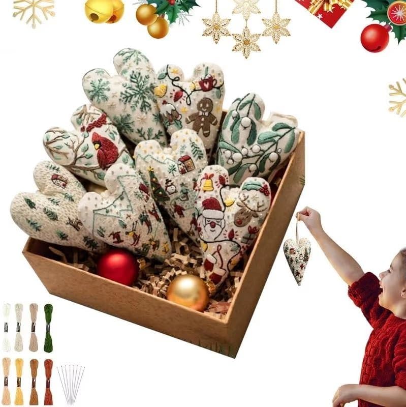 8pack Embroidery Christmas Ornament Kits, diys Heart Embroidery Christmas Decoration, Hand Embroidery Christmas Tree Hanging Ornament, Heart crosss stitchs Kits with Needles and Thread, Gifts