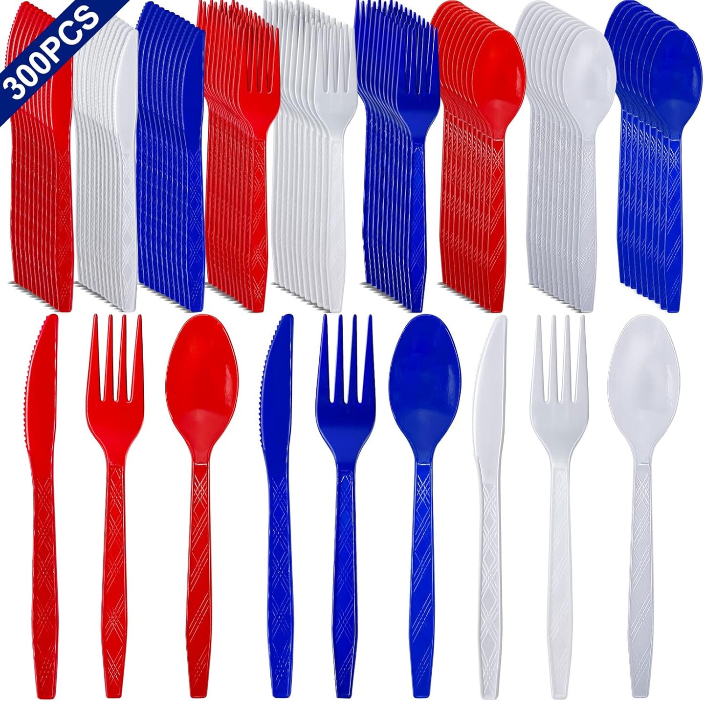 300 Pcs Patriotic American Flag Party Supplies, 4th of July Disposable Plastic Cutlery Set 100 Spoons 100 Forks 100 Knives Memorial Day Decorations Red White Blue Utensil Flatware Independence Day