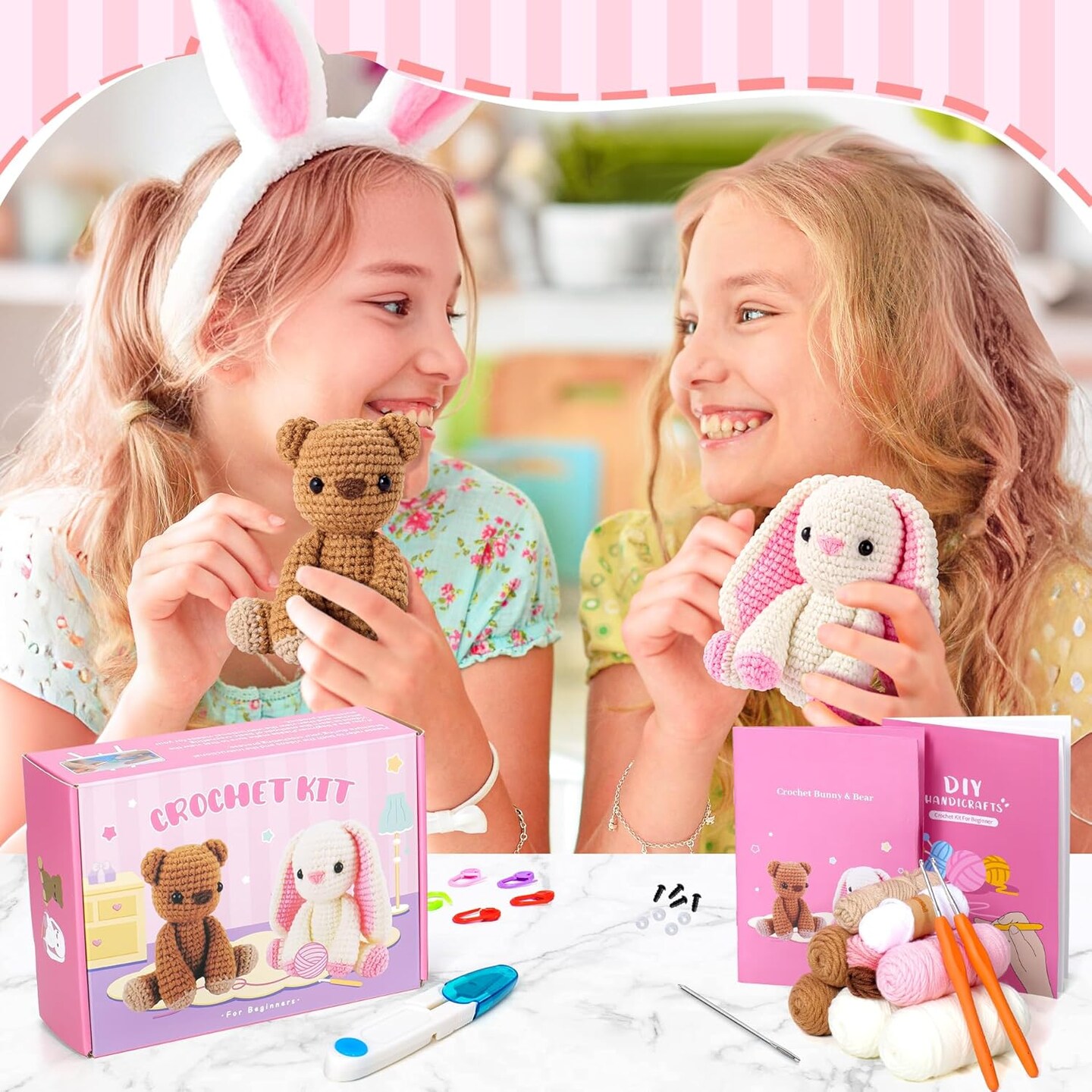 Crochet Kit for Beginners, Bunny and Bear Crochet Animal Kit with Step-by-Step Video Tutorials, Crocheting Kit for Starters, Beginner Crochet Kit
