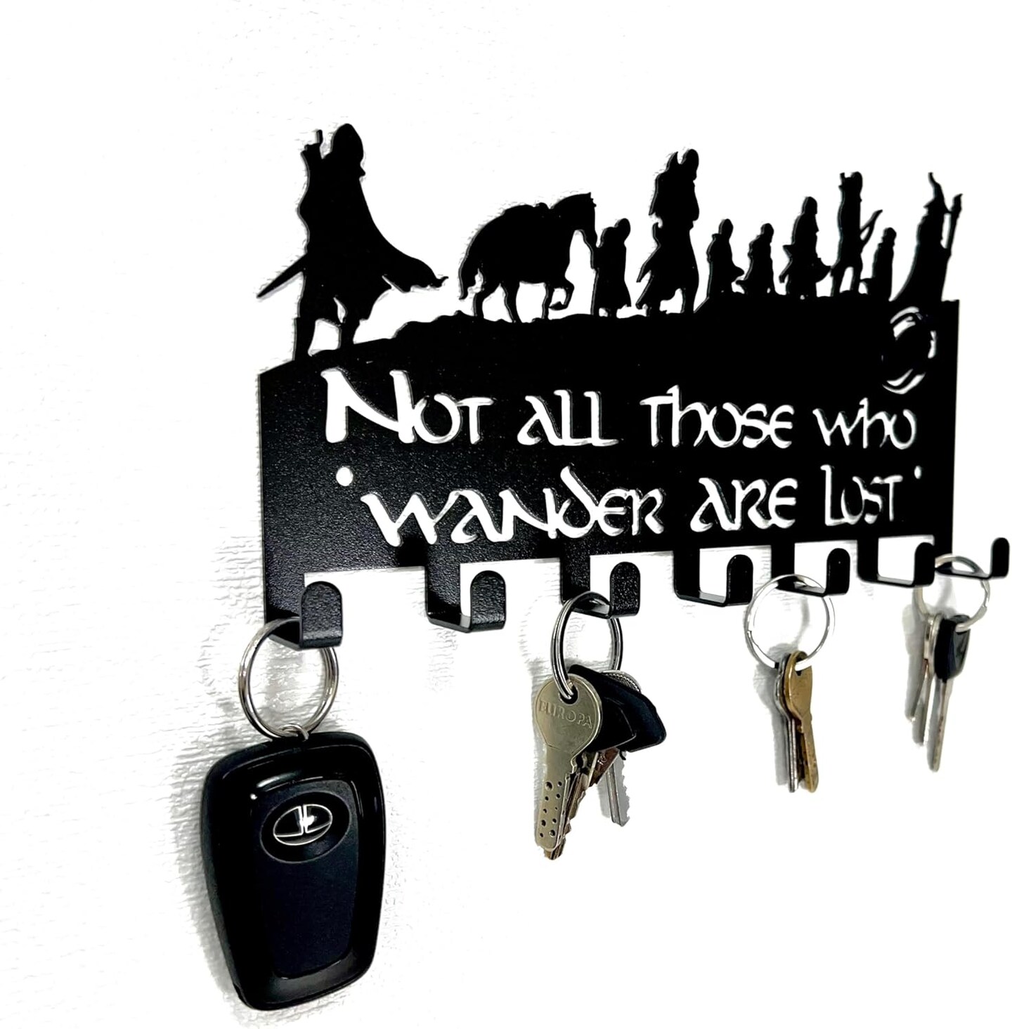 Decorative Metal Wall-Mounted Key Holder with 7 Hooks – Sturdy Entryway Key Rack for Keys, Leashes, Belts, Purses & Coats (Black)