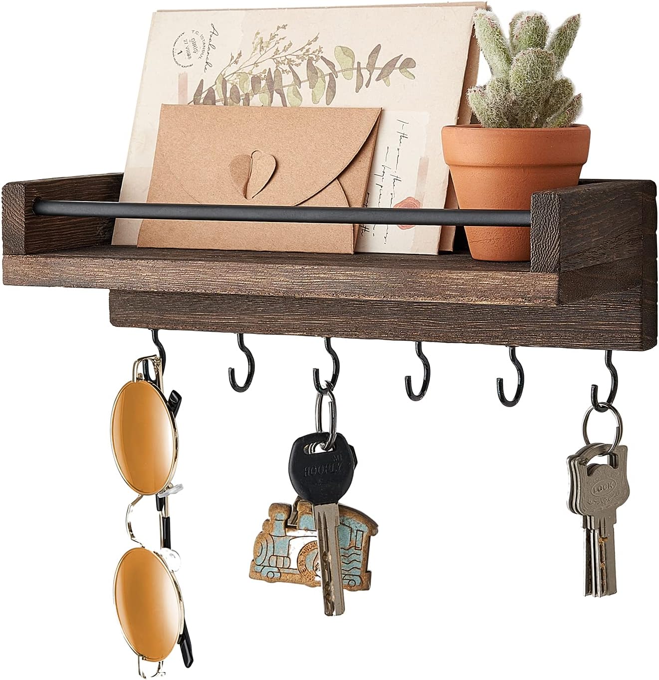 Key Holder for Wall 9.5" x 3.5" x 2.5" Small Rustic Wood Key Rack with 6 Hooks Decorative Display Keys Hanger Organizer for Entryway Living Room Bedroom Bathroom Office Home Decor