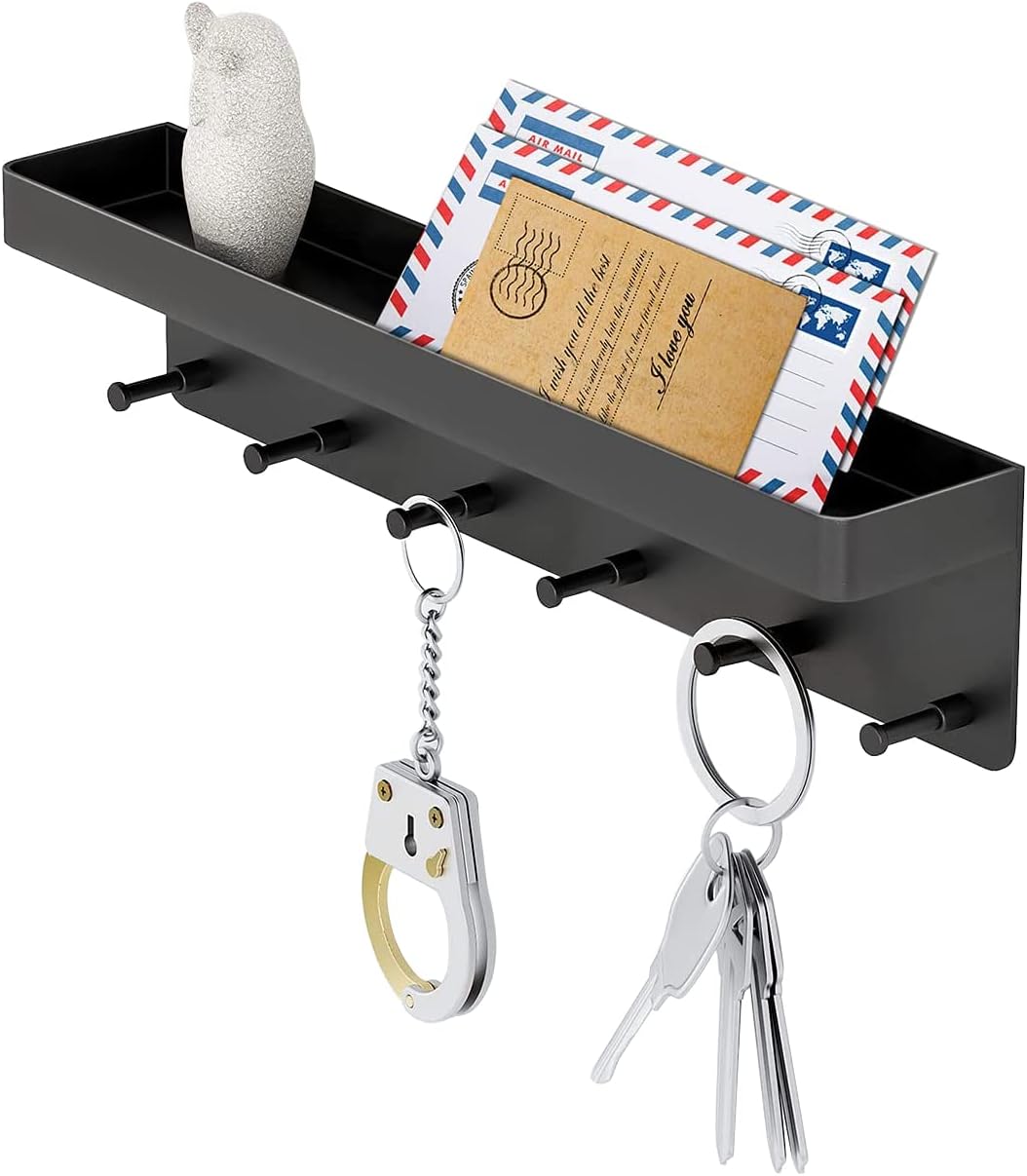Wall-Mounted Key Holder – Black Adhesive Key Rack with Mail Organizer Tray and 6 Hooks