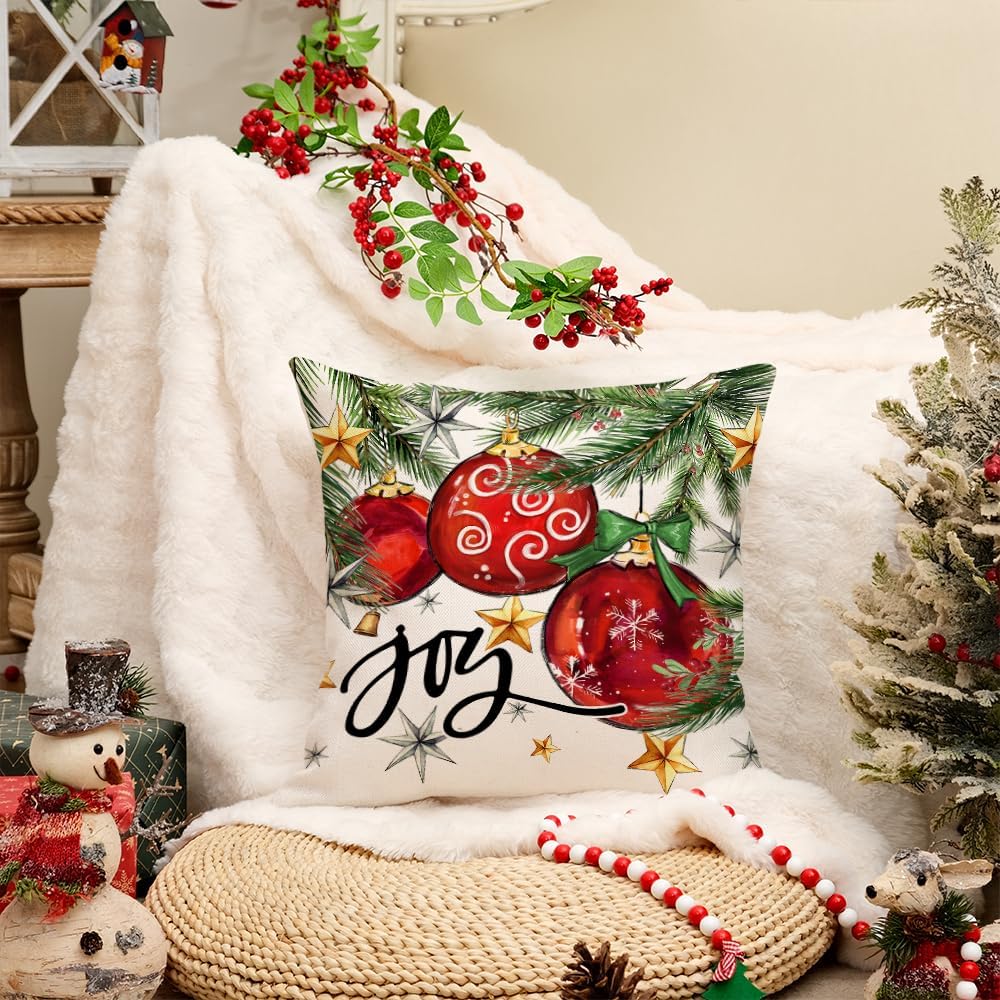 Christmas Pillow Cover 18X18 Inch Baubles Christmas Tree Stars Joy Decoration Holiday Farmhouse Winter Pillow Case for Sofa Couch Decor&#xFF08;Red&#xFF09; AA613-18