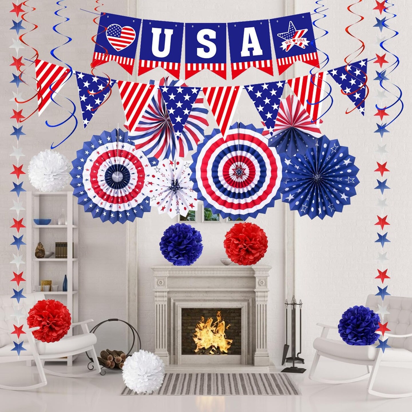 4th of July Patriotic Party Decorations, 6 Paper Fan, 6 Flower Ball, 1 USA Swallowtail Flag, 1 USA Pennant Flag, 1 Star Streamer, 6 Swirl, Independence Day