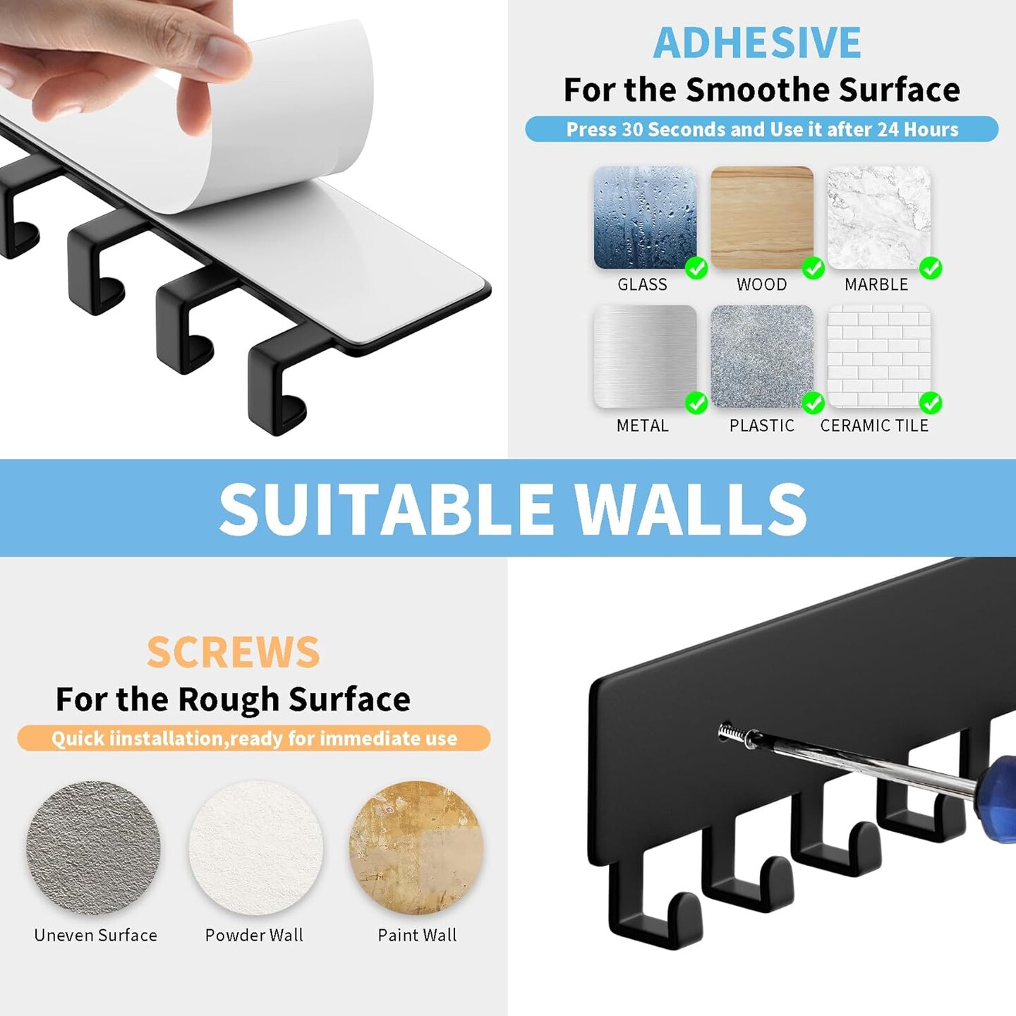 Key Holder for Wall, Key Hooks with 10 Hooks, Wall Mounted Key Holder for Hallway, Self Adhesive Key Rack(Black)