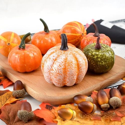 50 PCS Thanksgiving Fall Harvest Decor Set, 8 PCS Artificial Pumpkins,30 PCS Lifelike Maple Leaves,10pcs Realistic Acorn,2pcs Pine Cones,Halloween Wedding Tables Centerpieces  & Organizer Storage Tote Bag
