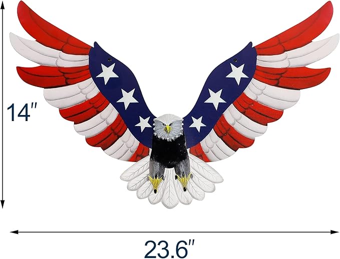 American Eagle Patriotic decorations, Independence Day 4th of July Decoration Metal Wall Art, American Flag Bald Eagle Hanging Sculpture, Large Handmade Centerpiece for Indoor Bedroom Office Outdoor 23.6" x 14"