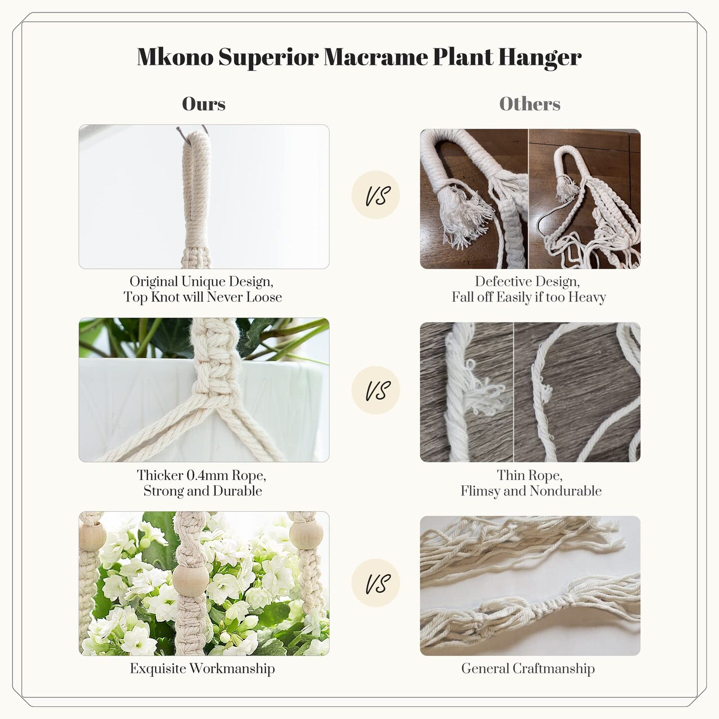 3 Pack Macrame Plant Hangers Indoor Different Size Hanging Planter Basket Flower Pot Holder with Beads No Tassels 35&#x22;/29&#x22;/23&#x22;, Medium, Ivory