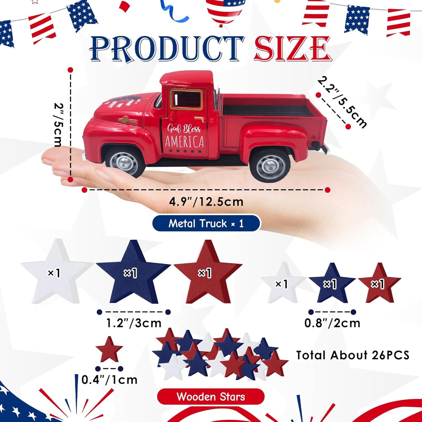 4th of July Decorations Farmhouse Metal Truck with Wooden Stars Sign Fourth of July Decor Patriotic Centerpieces for Tables Independence Day Memorial Day Red White and Blue Tiered Tray Decor for Home