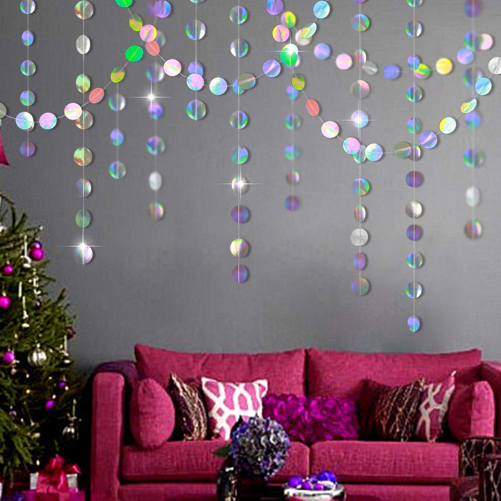 Iridescent Party Decorations Holographic Circle Garlands Disco Theme Birthday Decoration Hanging Banner Graduation Decor Ball Streamer New Year NYE Backdrop Euphoria Party Supplies