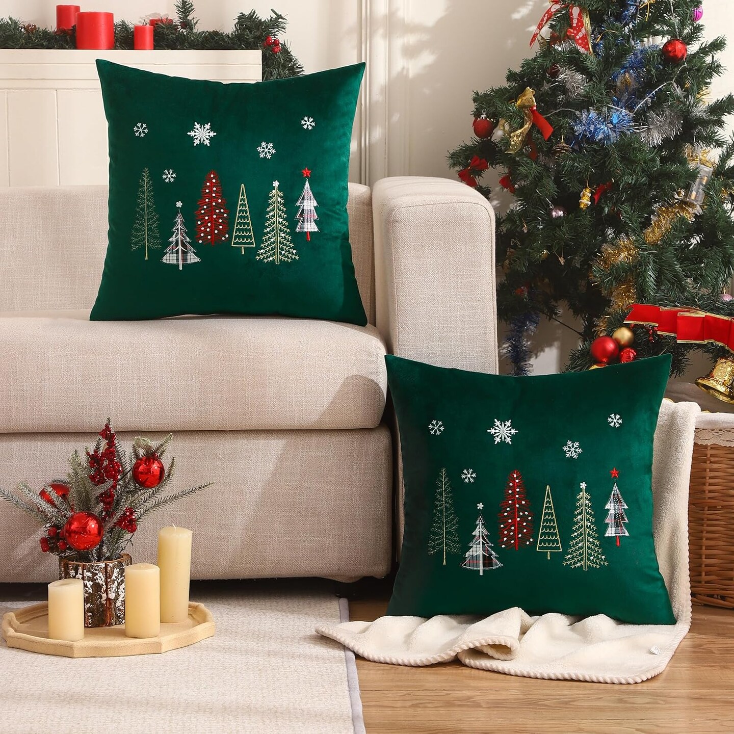Christmas Embroidery Throw Pillow Covers 18x18 inch Set of 2 Christmas Dec Velvet Pillowcases Forest Green Christmas Tree Cushion Pillow Cases Soft Square Holiday Pillowcase