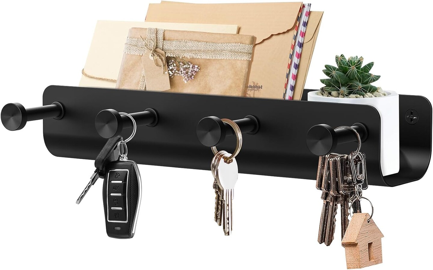 Key Holder Wall Mount, Black Metal Key Rack with Tray Narrow Key Holder with Shelf Key Organizer Wall Key Hanger with 4 Key Hooks for Entryway Doorway Hallway Camper Small