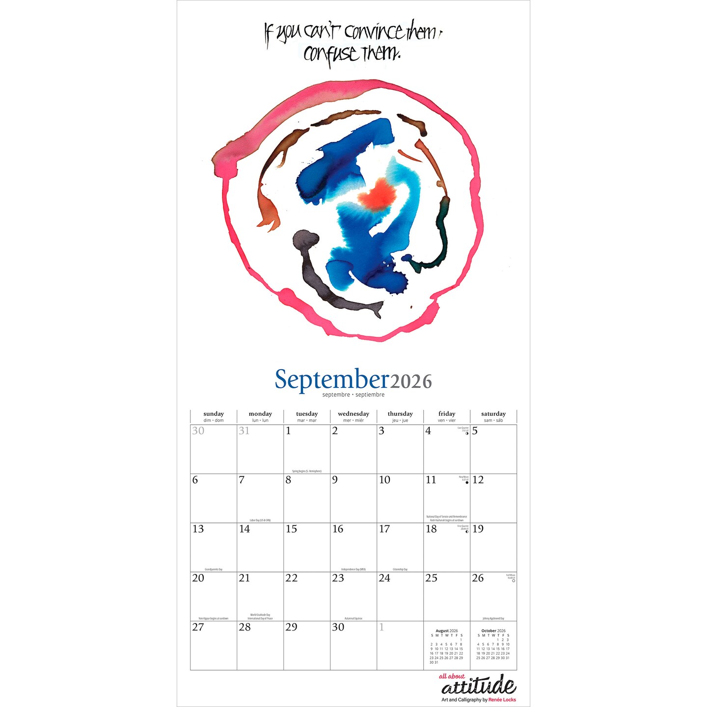 All About Attitude | 2026 12 x 24 Inch (Hanging) Monthly Square Wall Calendar | Featuring the Artwork of Renee Locks | Plastic-Free | Brush Dance | Art Paintings Inspiration Motivation