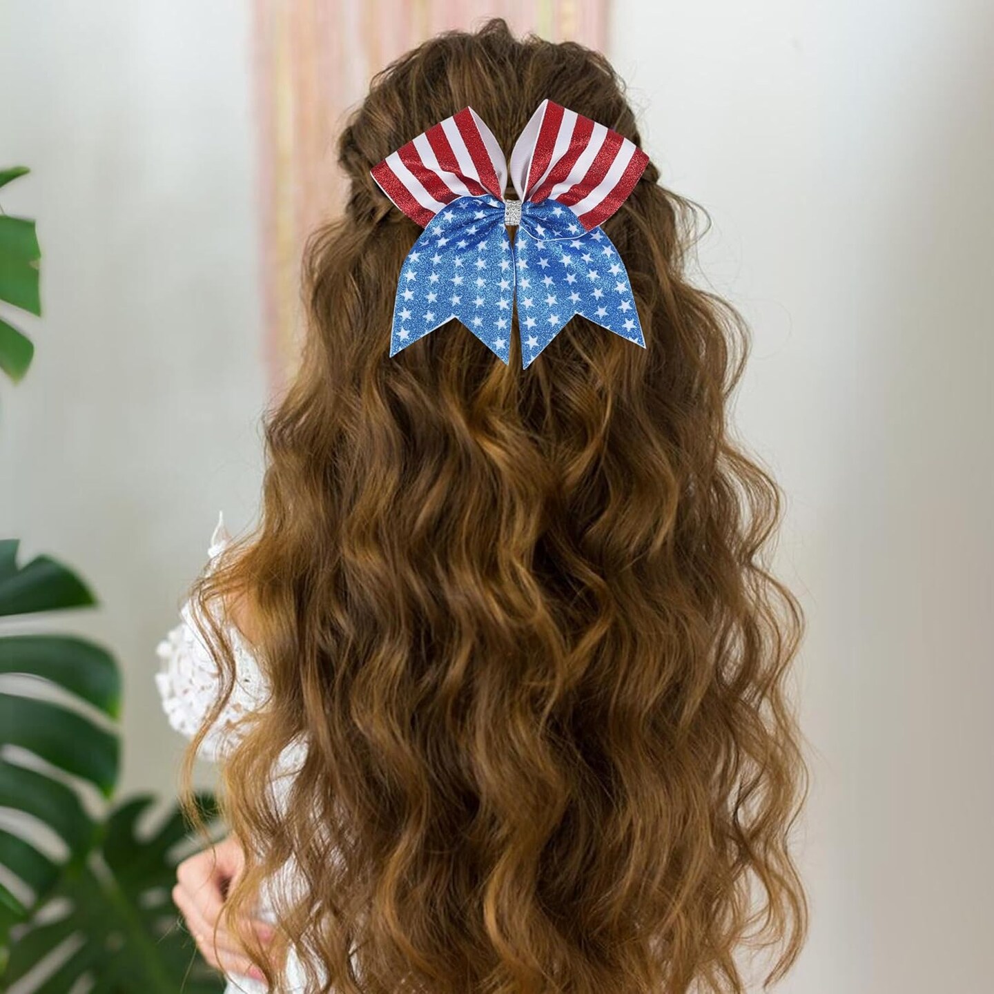 4th of July Hair Bows Big American Flag Sequin Hair Bows Patriotic Glitter Ribbon Bow Tie Red White Blue Cheer Bow Elastic Ponytail Holder Independence Day Hair Accessories for Girls USA Party Decor