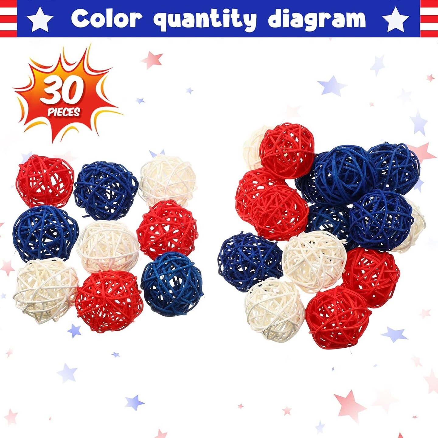 30 Pcs Patriotic Rattan Balls 4th of July Decorative Balls for Bowl 1.8 Inch Red White and Blue Table Wicker Balls for Decorating Bowl Filler Vase Filler Spheres for Table Independence Day Home Decor