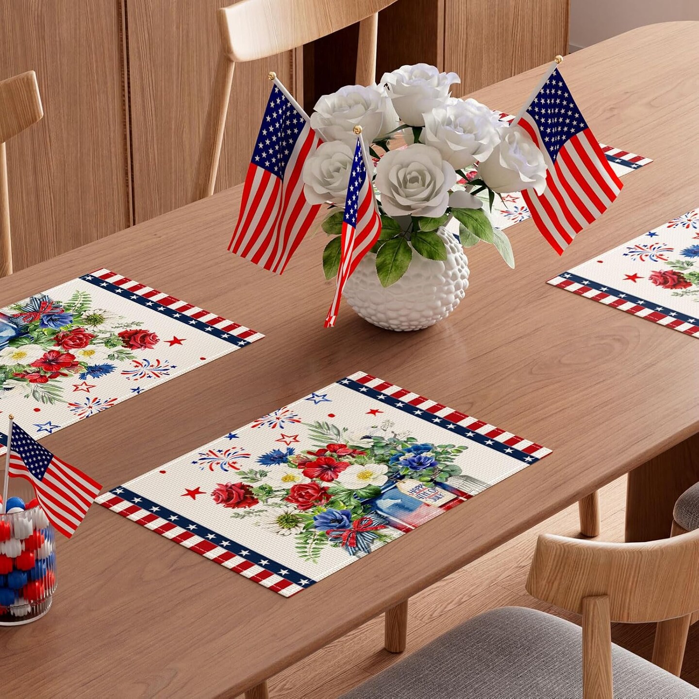 Stripes Colorful Flowers Vases Stars Fireworks Patriotic America 4th of July Memorial Day Independence Day Placemats Set of 4 Table Mats Decorations 12x18 Inch