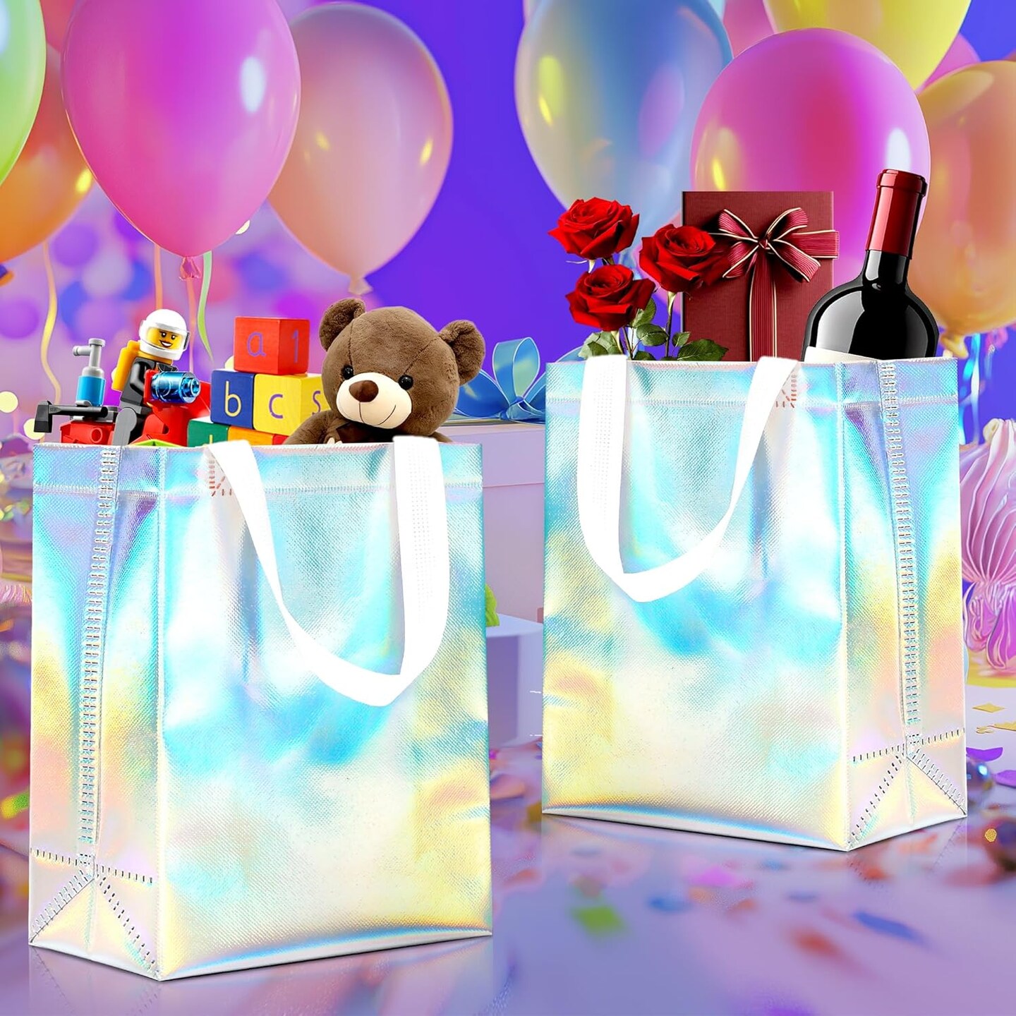 12pcs Reusable Gift Bags(Includes Tissue Paper) Gift bag with handle Birthdays Parties Holidays Weddings Medium 10x4x8in holographic Gift Bags