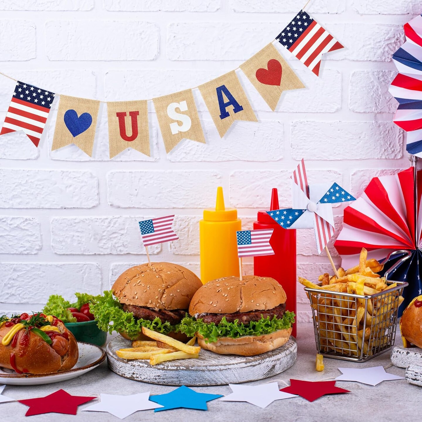 USA Burlap Banner – 4th of July Red, White & Blue Bunting for Independence Day Party Decor