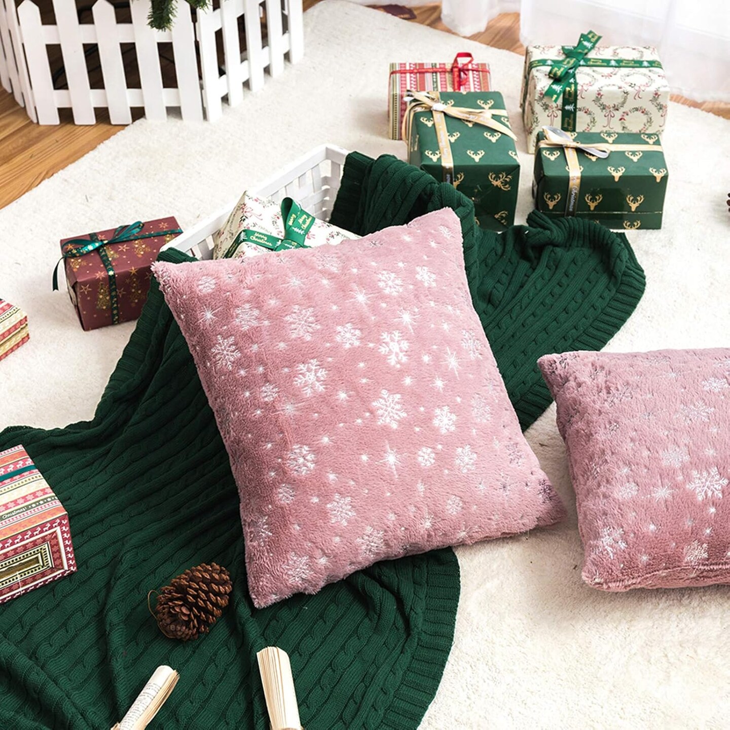 Soft Faux Fur Fuzzy Cute Decorative Throw Pillows Covers with Snowflake Glitter Printed Pillowcases for Christmas Decor Home Bed Room Sofa Chair Couch, Pink 18x18 inch, Pack of 2