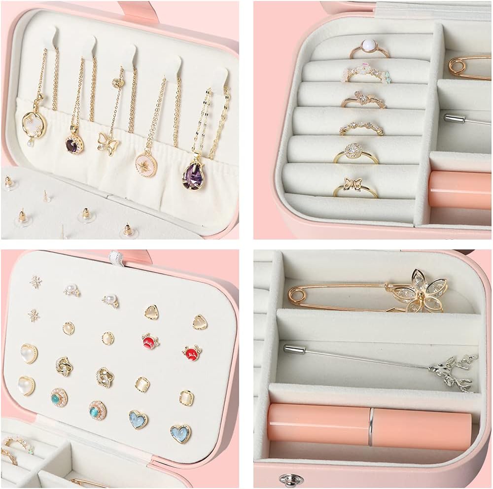 Travel Jewelry Box, Small Jewelry Organizer Boxes for Women Girls, 2 Layer Travel Jewlery Case, PU Leather Mini Portable Jewerly Storage Display Holder for Earrings, Ring, Necklaces, Bracelets - Pink