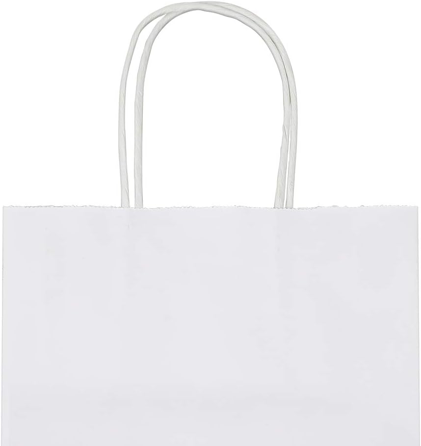 100 Pack Sturdy Medium White Kraft Paper Bags with Handles Bulk, Thicken Gift Bags 8x4.75x10 Inch, Craft Grocery Shopping Retail Party Favors Wedding Business Sacks (White, 100pcs)
