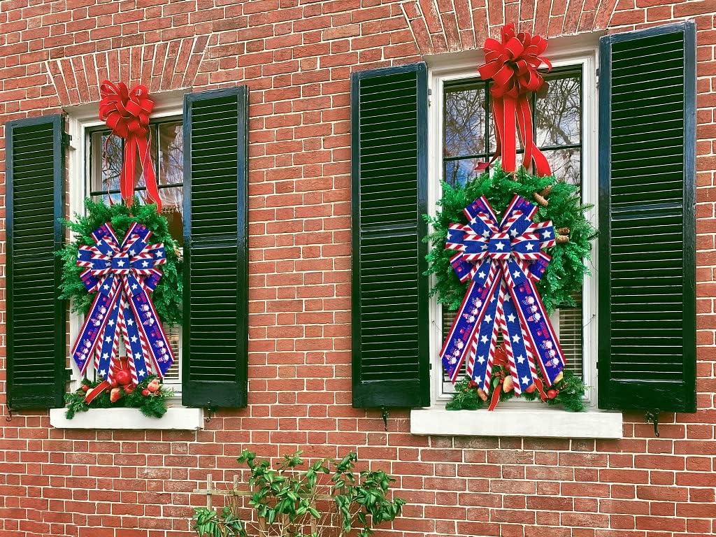 Large Patriotic Wreath Bows, Red Blue White Stripe Bows for Wreath 4th of July Star Bows for Front Door Memorial Day Gnomes America Flag Wreath Bows for Indooor Outdoor Fence Party Decor