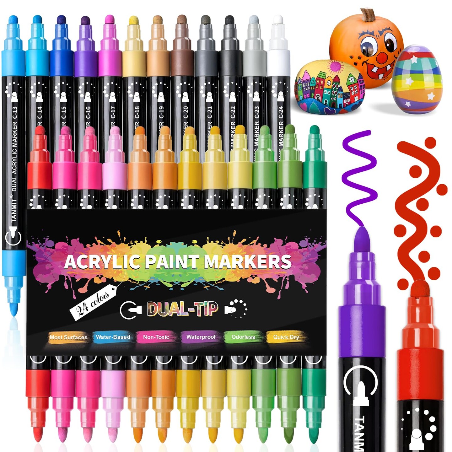 24 Colors Dual Tip Acrylic Paint Pens for Rock Painting, Wood, Canvas, Stone, Glass, Ceramic Surfaces, DIY Crafts Making Art Supplies (Round Tip and Fine Tip) &#x26; Organizer Storage Tote Bag