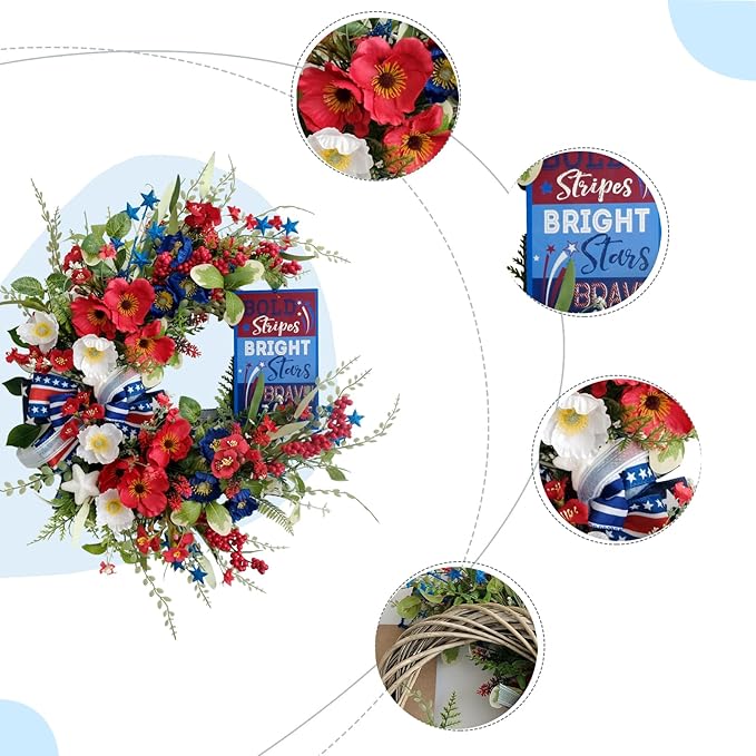 20" Handcrafted Patriotic Wreath for Front Door- Red White Blue 4th of July Wreath with Silk Poppies, Metal Stars & Layered Bow, Memorial Day Independence Day Indoor/Outdoor Decor