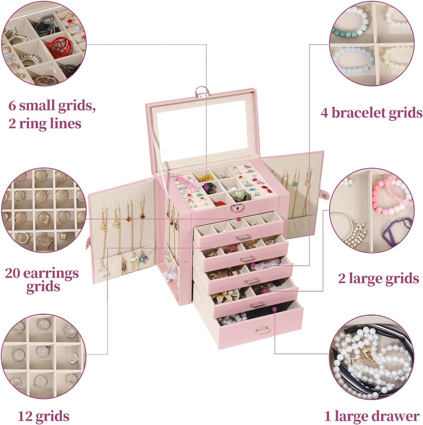 Jewelry Box For women, 6 Layer Large Jewelry Organizer With Mirror, Multi-Function Storage Box With Lock, Accessory Holder With 5 Drawers, For Earrings Necklace Ring Bracelet (Pink)